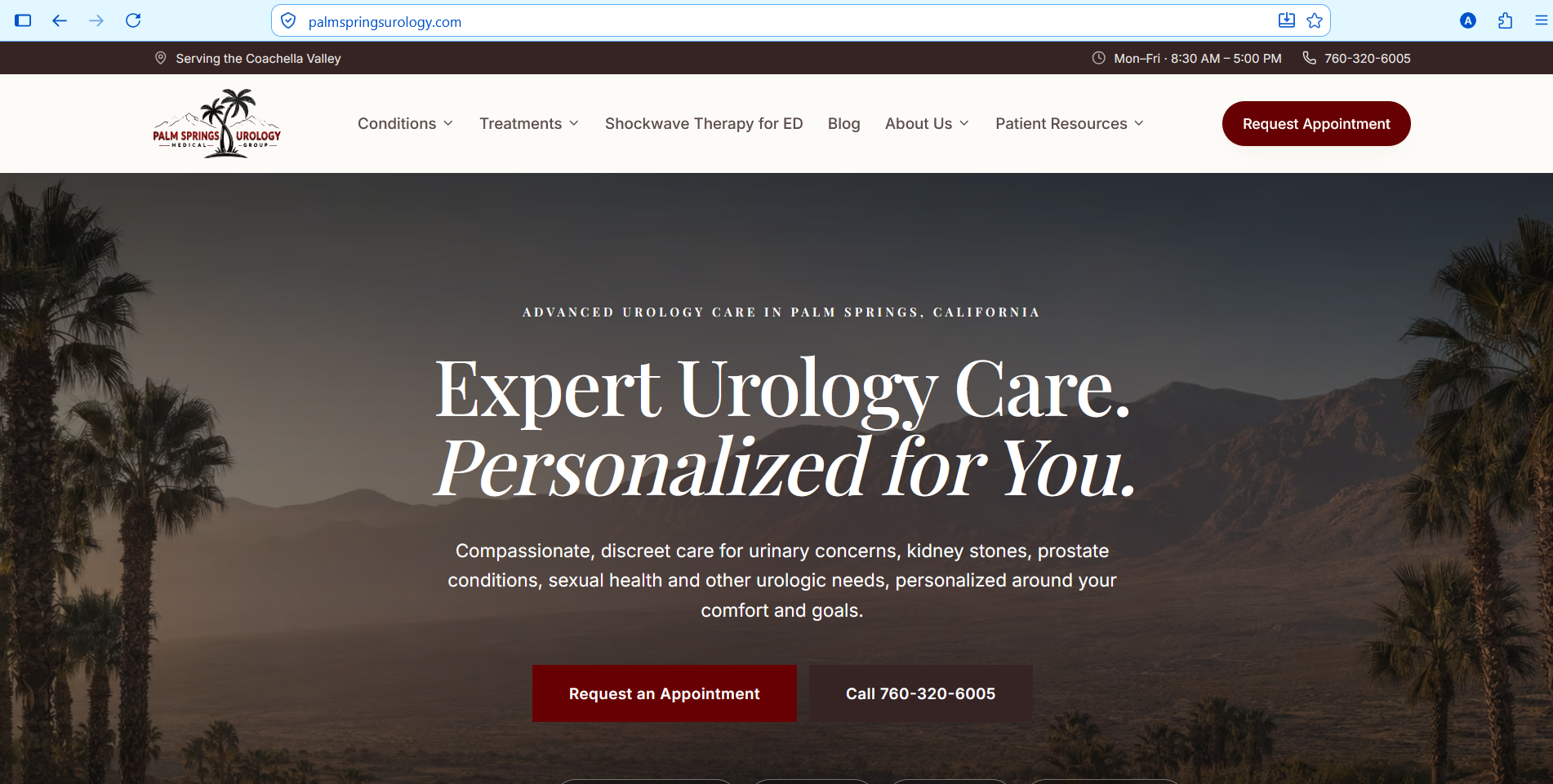 Palm Springs Urology Medical Group website homepage